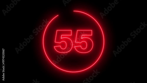 Neon Circle countdown timer animation from 60 to 0 second animation on black background with alpha channel, 60 seconds countdown timer. Neon bright glowing countdown timer from 60 to 0 seconds.