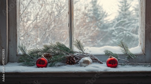 snowy window ledge with pine branches and red ornaments .