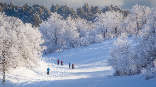 Snowy hills covered in frosted pine trees, with a group of snowshoers making their way through the landscape. .