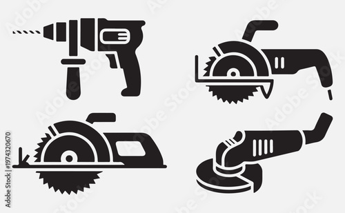  Set of four power tools including drill, circular saw, angle grinder, and sander isolated on transparent background
