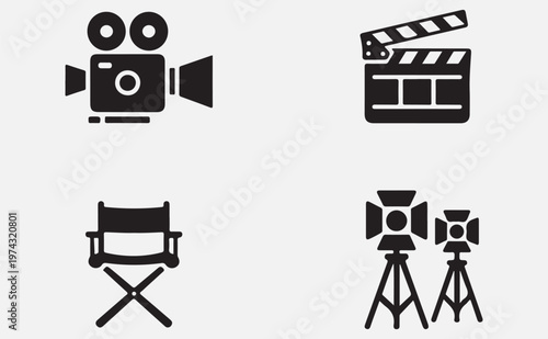  Set of four film and video production icons isolated on transparent background