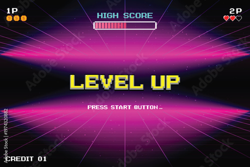 LEVEL UP icon. pixel art 8 bit. Retro Futurism Sci-Fi Background. glowing neon grid. and stars from vintage arcade computer games