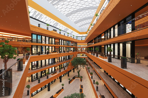 Modern multi-level shopping mall interior. 3D render of empty retail center with orange balconies