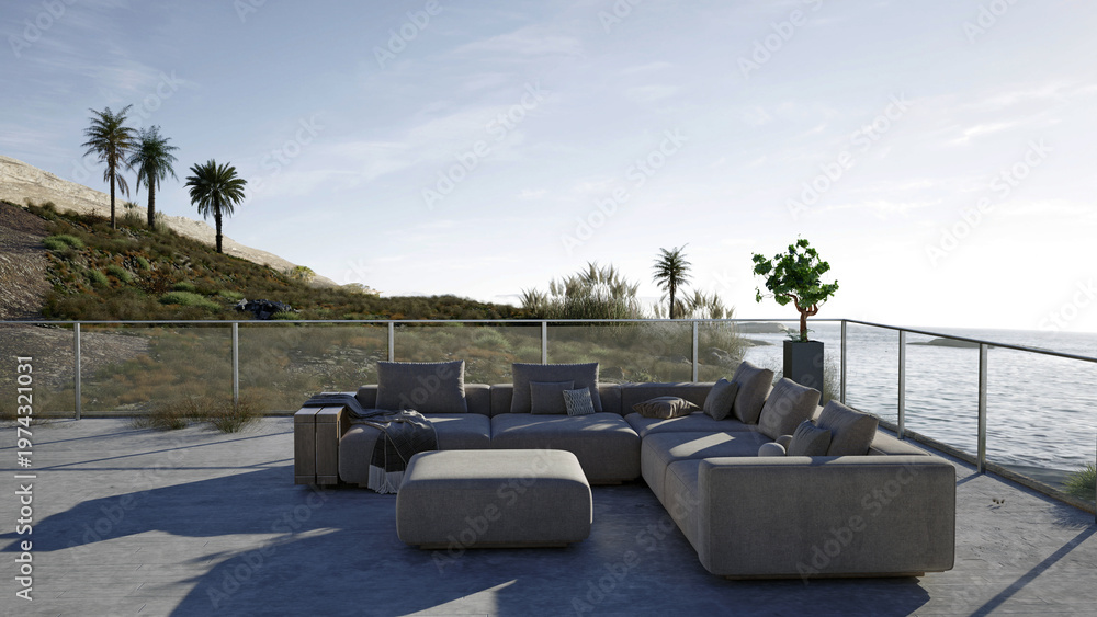 Naklejka premium 3D render of a luxury outdoor terrace with grey sofa. Modern coastal patio furniture overlooking sea