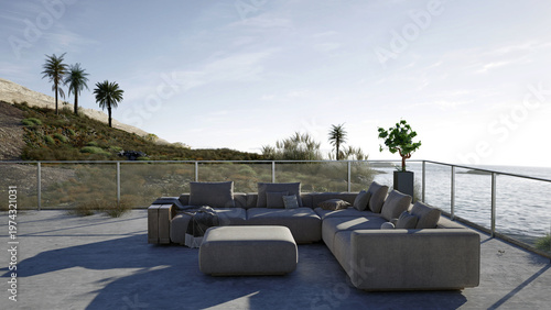 3D render of a luxury outdoor terrace with grey sofa. Modern coastal patio furniture overlooking sea
