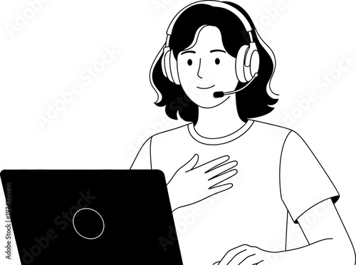 A smiling cartoon business woman with beautiful hair wearing a headset as a customer service representative working on her laptop computer illustration vector art