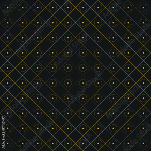 Luxury gold geometric pattern on black background, elegant art deco seamless vector texture, sophisticated diamond and circle grid ornament