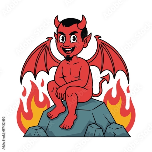 A cartoon devil sitting on a rock with flames behind him