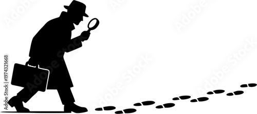 Detective Silhouette Following Footprints with Magnifying Glass Isolated