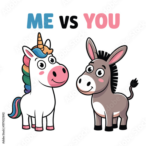 A cartoon unicorn and donkey standing side by side with a humorous comparison