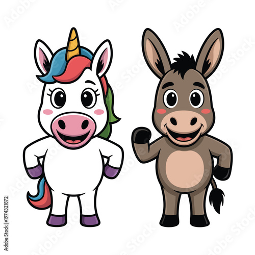 A cartoon unicorn and donkey standing side by side smiling