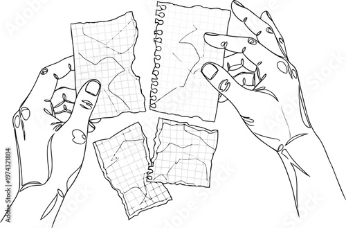 Continuous line drawing of hands tearing grid paper vector art
