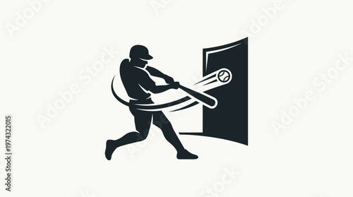 Baseball Player Swinging Bat Through Door Logo