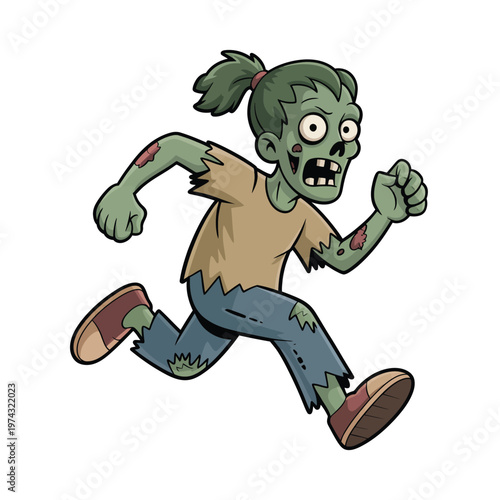 A cartoon zombie girl running with a frightened expression on her face