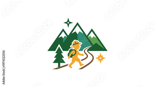 Cartoon Kid Hiker in Mountains Adventure Logo