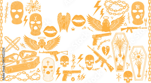 Ancient egyptian hieroglyphic symbols and illustrations on a white background in orange color