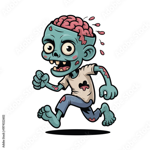 A cartoon zombie running with a brain exposed and wounds