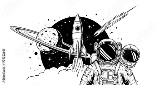 Astronauts in Space with Rocket Ship.