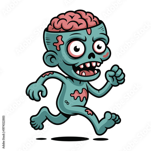 A cartoon zombie running with a brain exposed and wounds