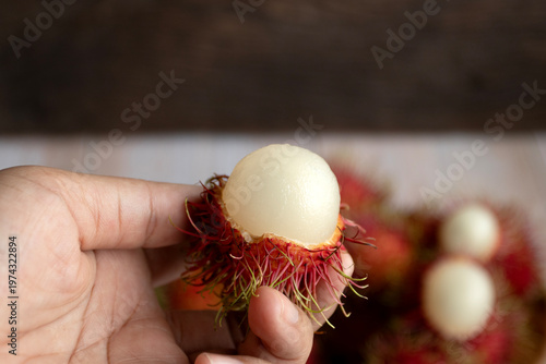 peeled rambutan fruit, a tropical fruit native to Southeast Asia.