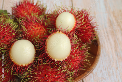 peeled rambutan fruit, a tropical fruit native to Southeast Asia.