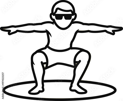 Funny vector illustration of a boy and people enjoying summer sports like surfing on a surfboard, riding a scooter, and skateboarding near the ocean beach 