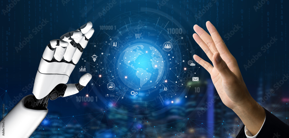 Obraz premium AI enables a global digital ecosystem integrating data, commerce, communication, and financial services to drive intelligent, automated, and scalable economic transformation Vouch