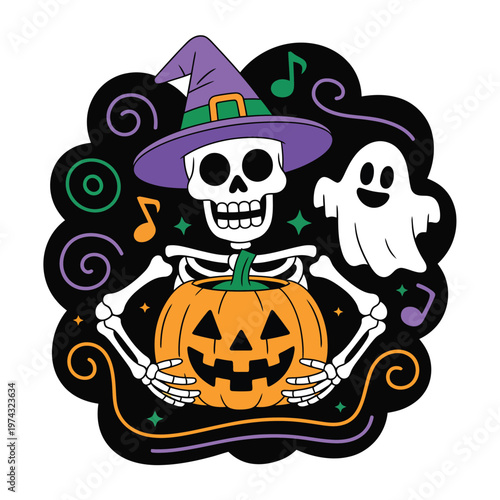 A cartoon skeleton wearing a witch hat holds a jack-o-lantern with a ghost nearby on a spooky Halloween themed background