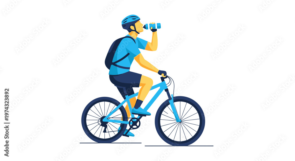 Naklejka premium Athletic Cyclist Hydrates While Riding Blue Bicycle