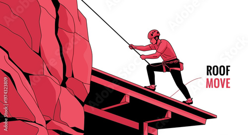 Athletic Climber Ascends Steep Roof Edge With Rope and Harness
