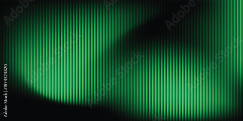 Dynamic green vertical lines glow softly against dark background, soft light creates gentle shadows across the pattern, flowing light effect with depth, background design