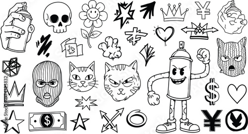 Collection of various tattoo designs and symbols in a cartoonish style for art and design inspiration purposes