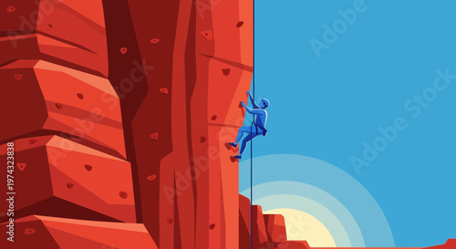 Athletic Climber Ascends Towering Red Rock Face Towards Sunny Horizon