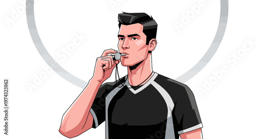 Athletic Coach Blowing Whistle Expressing Authority and Control