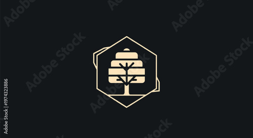 Elegant Tree Logo Design with Hexagon Frame on Black Background.
