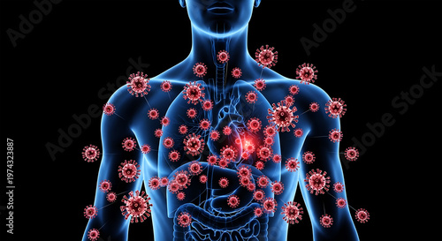 Human body anatomy with red virus particles spreading through organs infection
