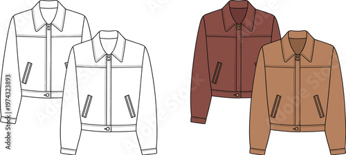 Zip up Harrington jacket technical fashion sketch featuring front view in white brown and tan colors isolated outerwear design template for apparel manufacturing mockups.