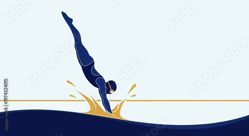 Athletic Diver Plunging Into Blue Waters With Golden Splash