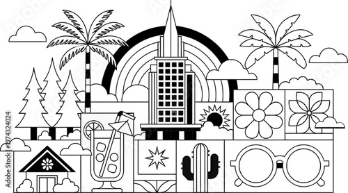 Vector illustration set of city buildings and house silhouettes featuring famous European and Indian architecture landmarks like cathedrals, temples, and towers for travel and tourism design