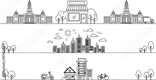 Vector illustration set of travel landmarks and monuments featuring a sketch of European architecture including a Paris tower, London city buildings, and old castle icons for town design