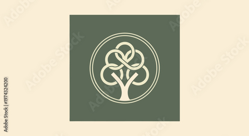 Elegant Tree of Life Symbol within a Circular Frame on Green Background.