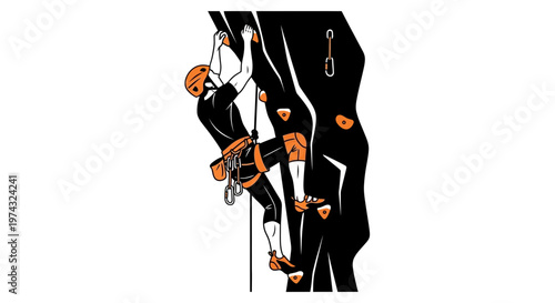 Athletic Person Ascends Vertical Climbing Wall With Safety Gear