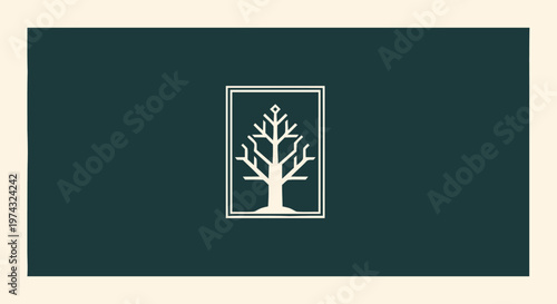 Elegant Tree Silhouette in a Rectangular Frame on Green Background.