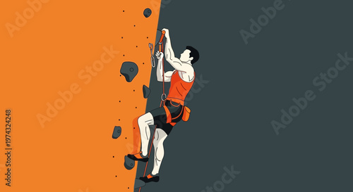 Athletic Person Ascends Orange Rock Climbing Wall With Grey Background