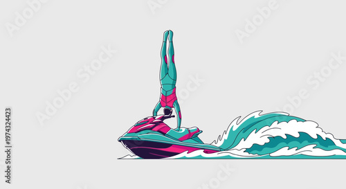 Athletic Rider Performs Handstand on Jet Ski in Dynamic Ocean Waves