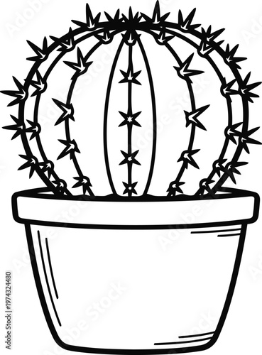line art potted cactus in minimalist white planter illustration