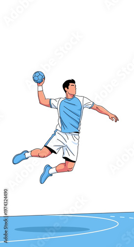 Athletic Male Handball Player Executes Powerful Mid-Air Shot During Intense Game