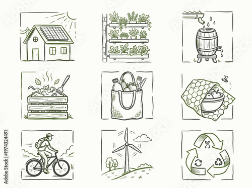 Sustainable living icons, organic line art collection for eco friendly technology and green lifestyle