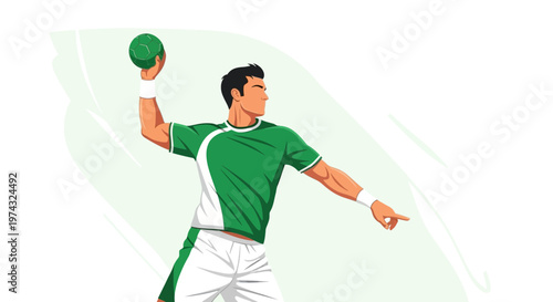 Athletic Male Handball Player In Action Green Uniform Poised To Throw