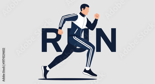 Athletic Man In Tracksuit Running Motion With The Word Run Behind Him